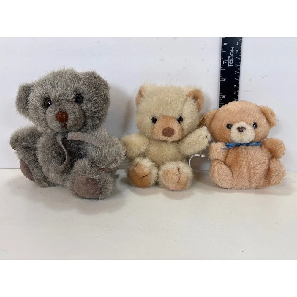 Vintage Russ Berrie Mini Teddy Bear Trio: Tuff Teddy, Peach, Gray (1980s-90s)